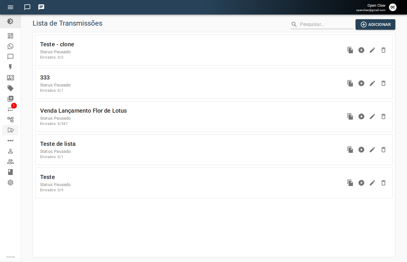 Listagem de transmissões