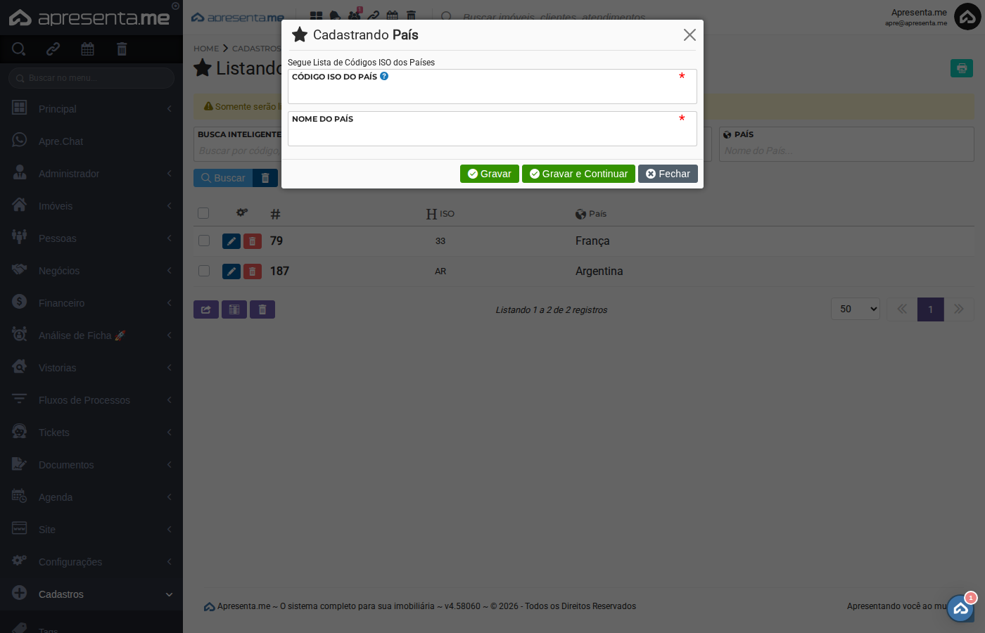 Formulário de cadastro de país