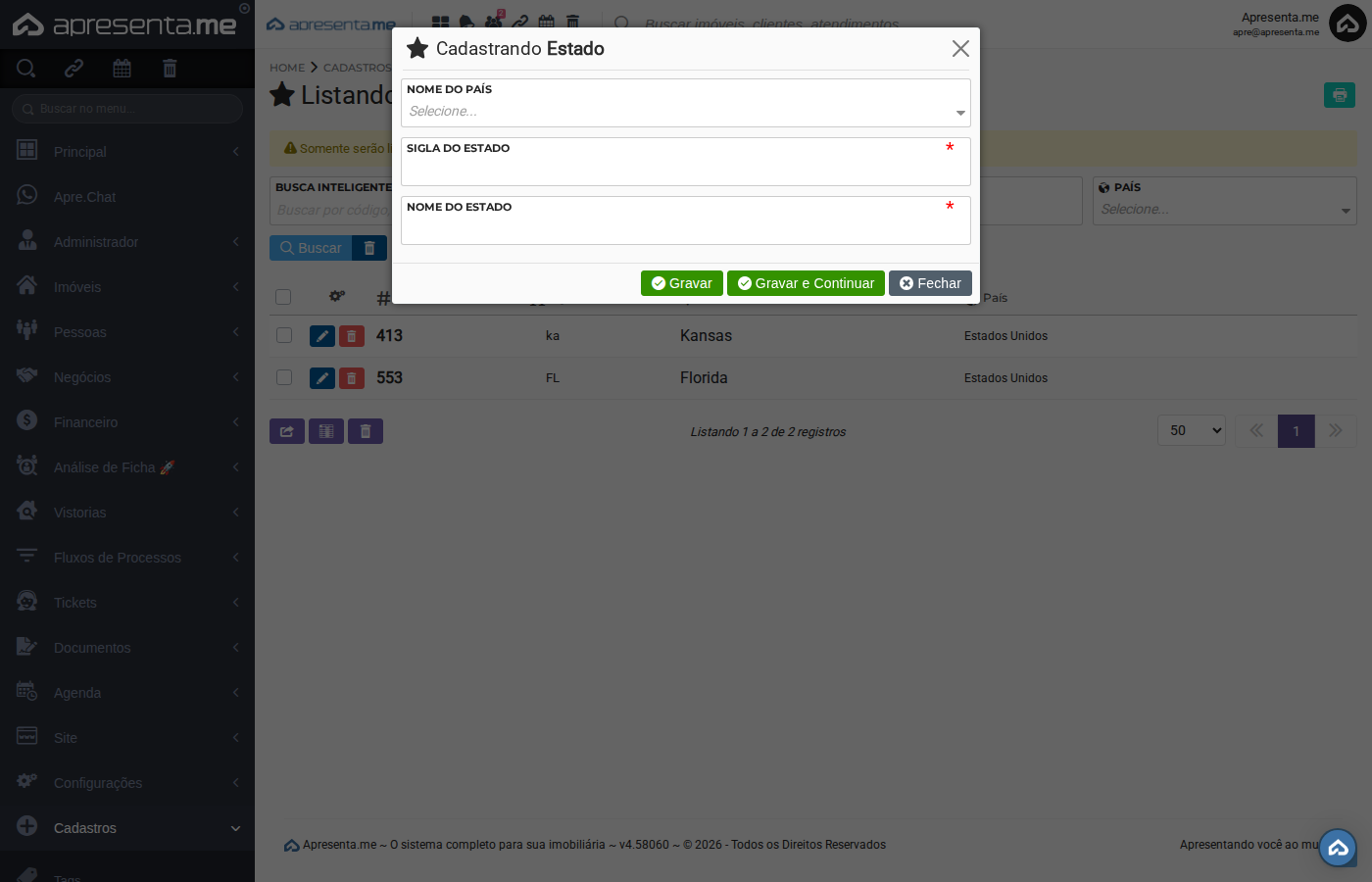 Formulário de cadastro de estado