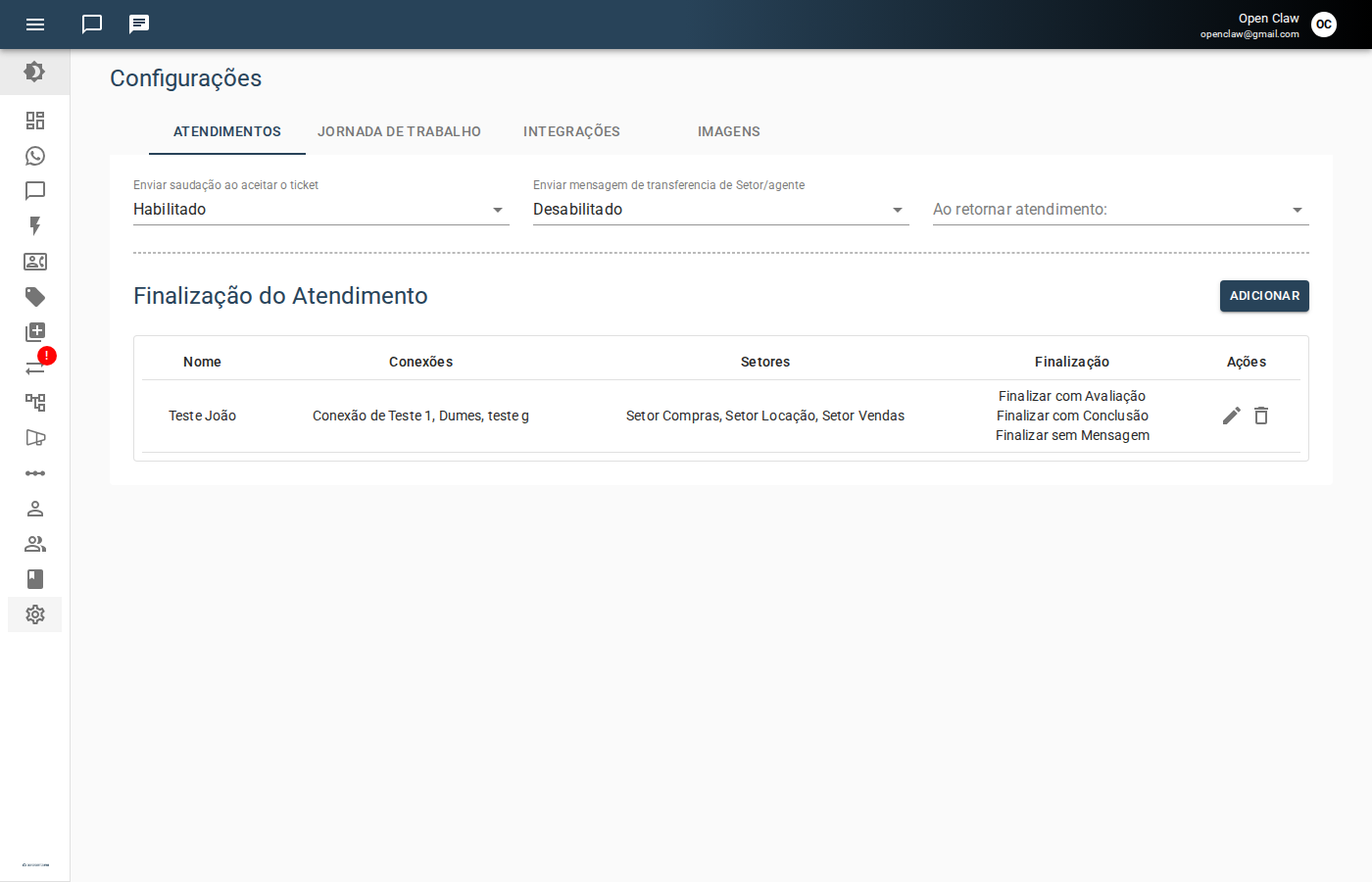 Aba de configurações de Atendimentos