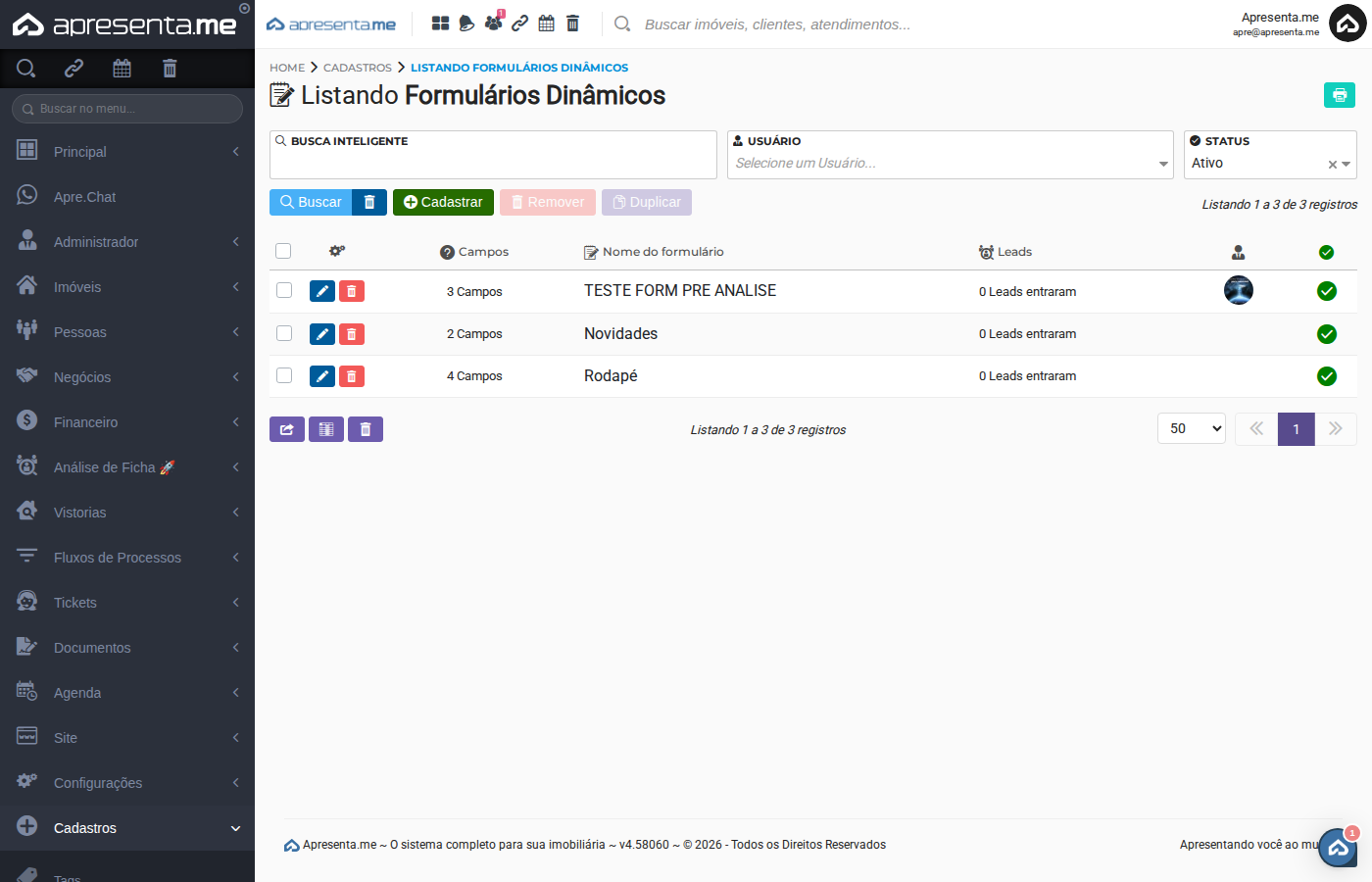 Configurações de envio do formulário