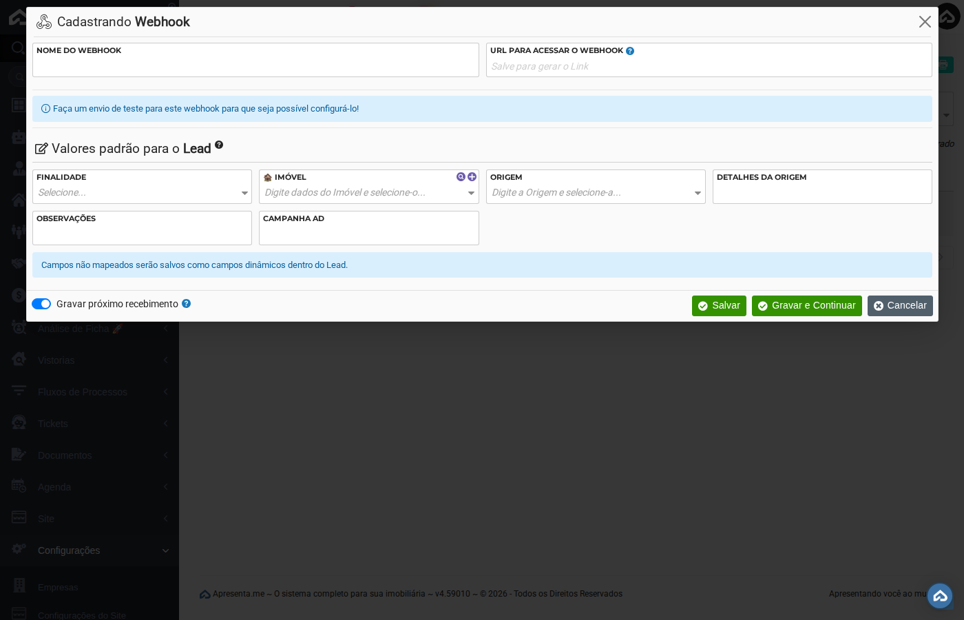 Formulário de cadastro de webhook