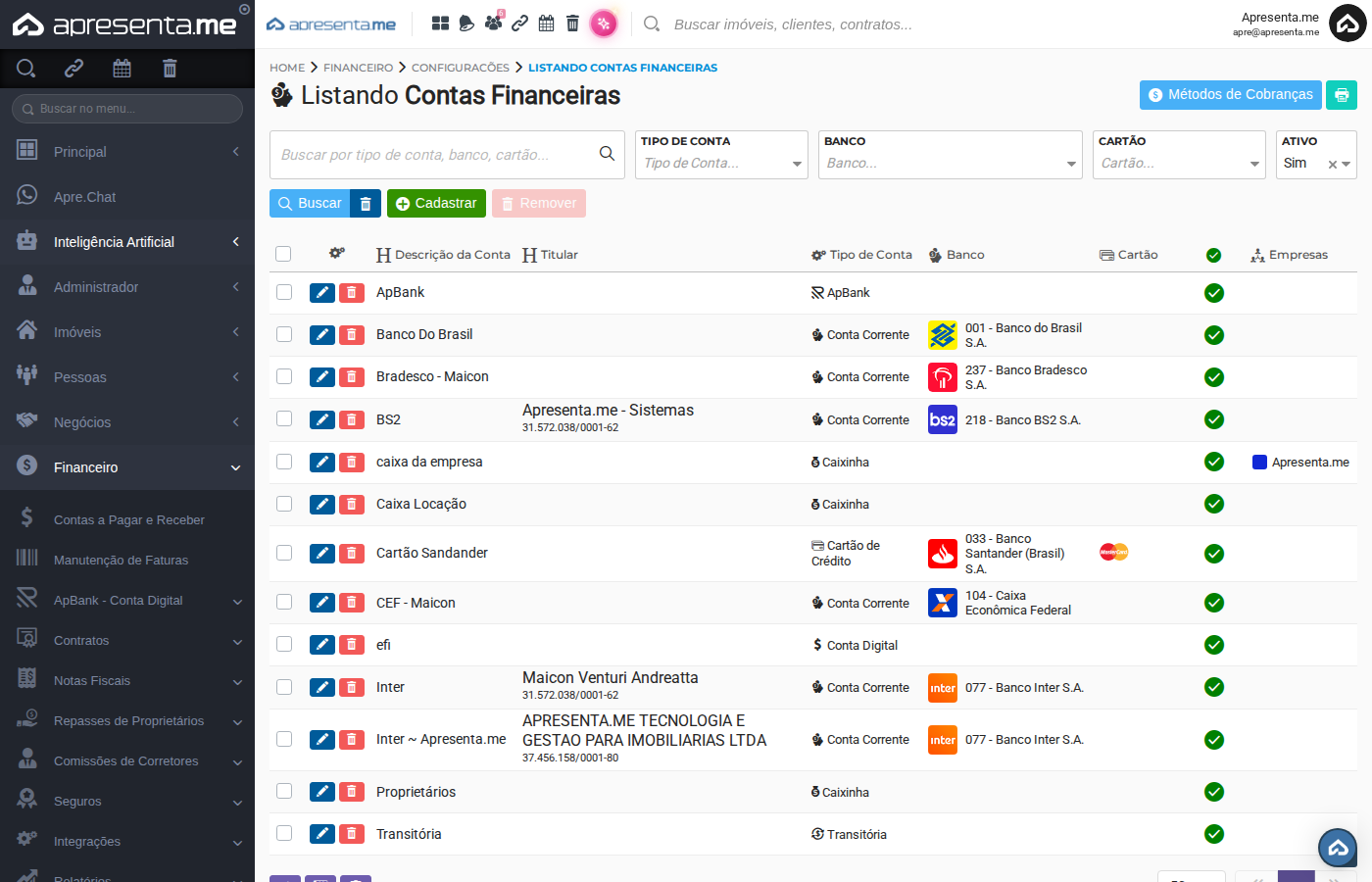 Tela de listagem de contas financeiras