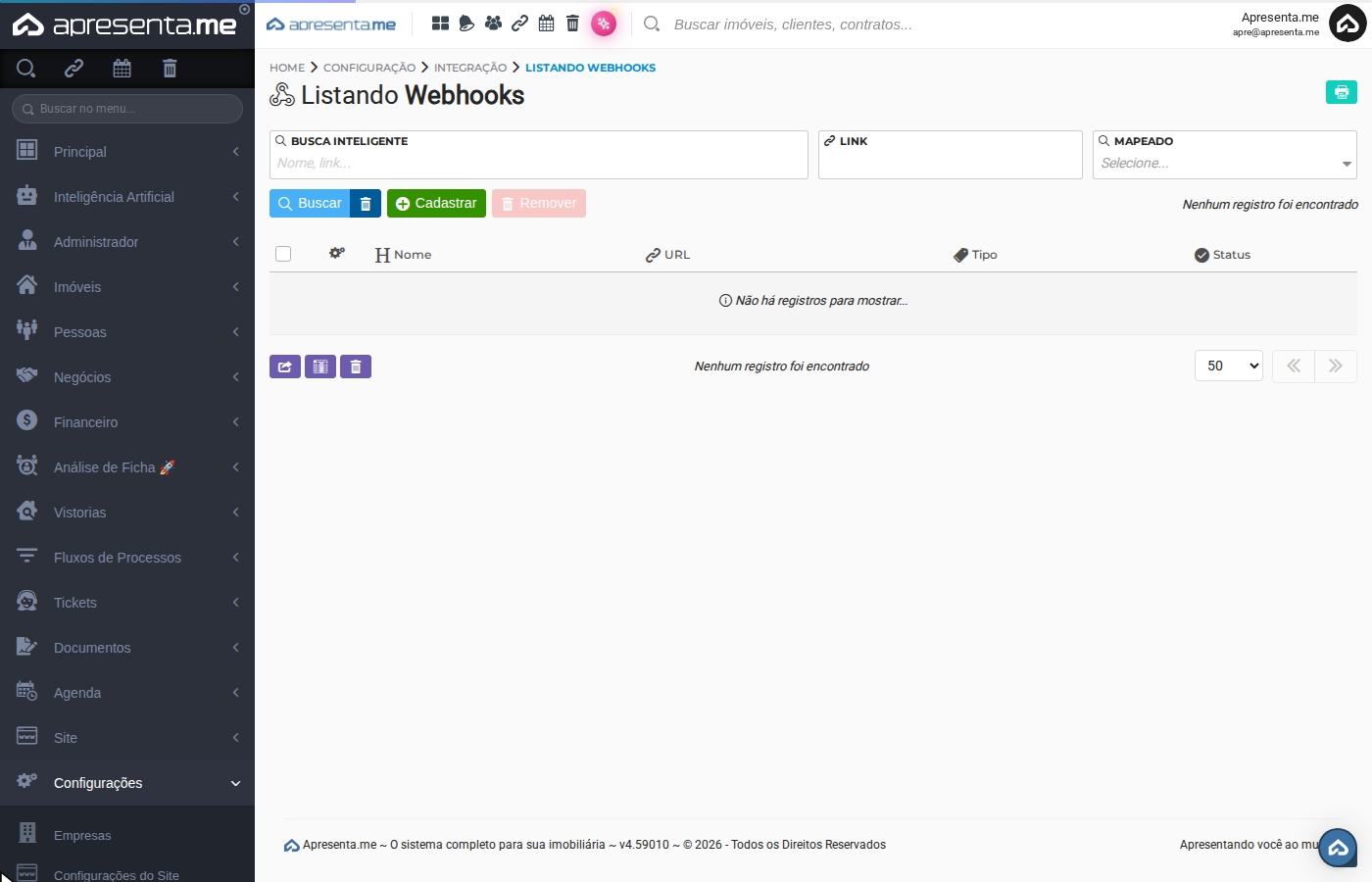 Tela de listagem de webhooks
