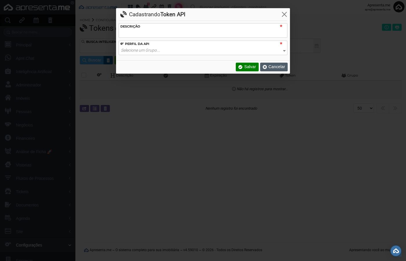 Formulário de cadastro de token de API, continuação