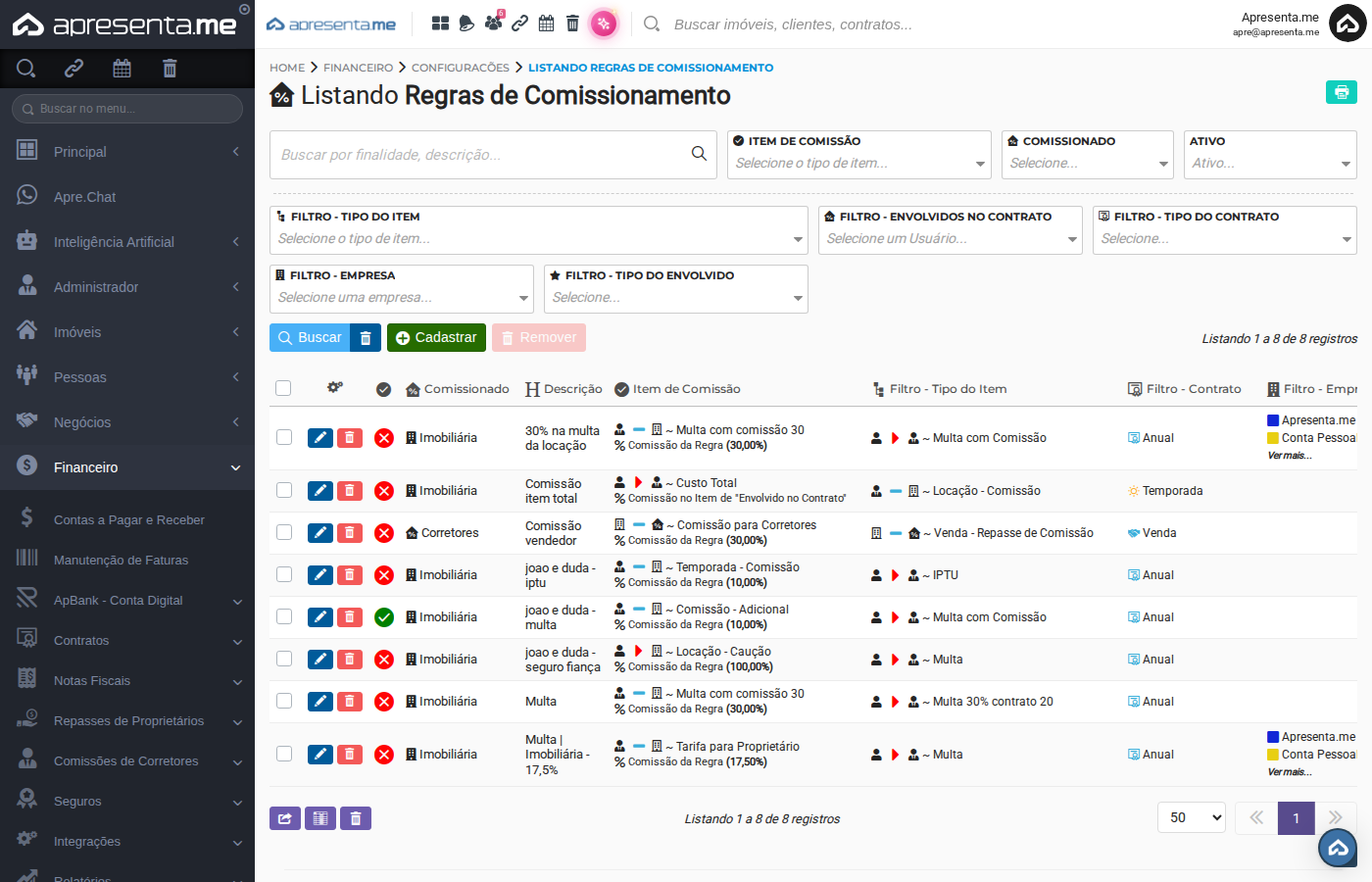 Listagem de regras após cadastro