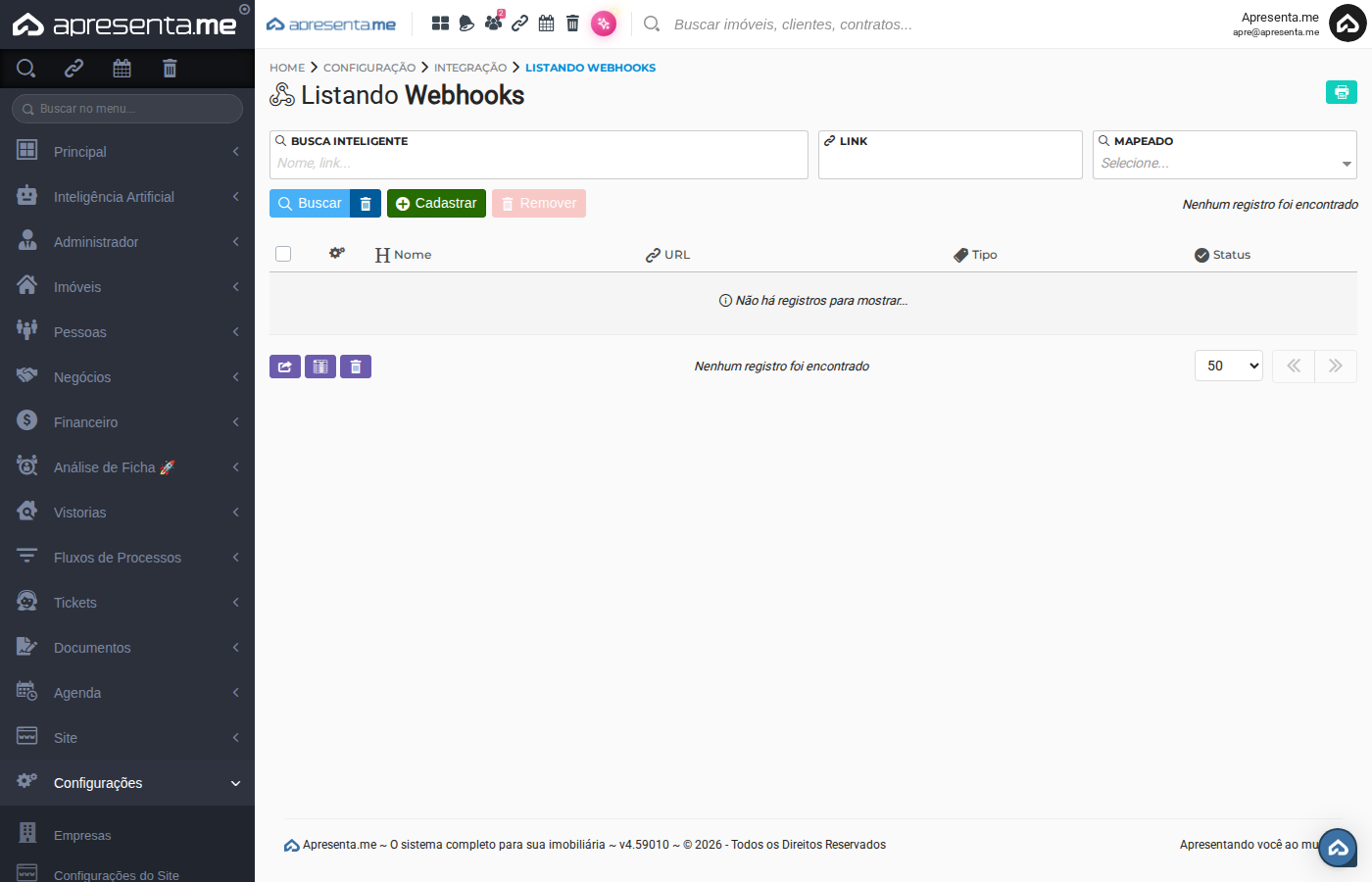 Listagem de webhooks após cadastro