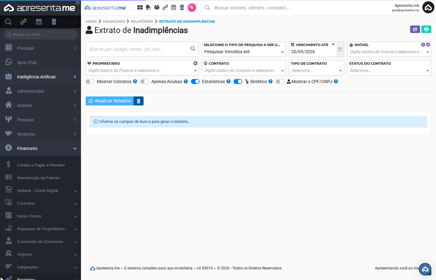 Listagem de resultados do Extrato de Inadimplências