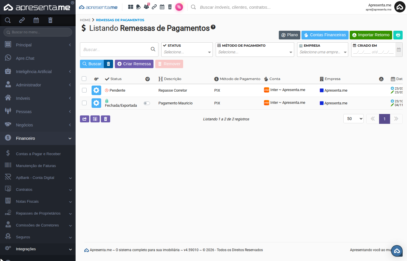 Tela de listagem de remessas de pagamentos