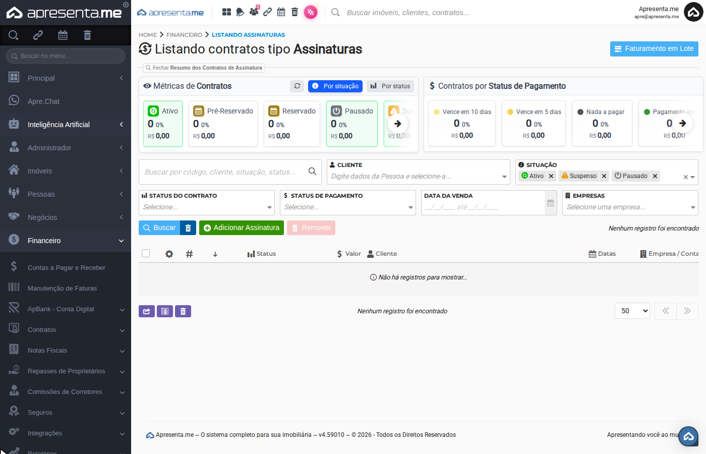 Tela de listagem de contratos de assinatura