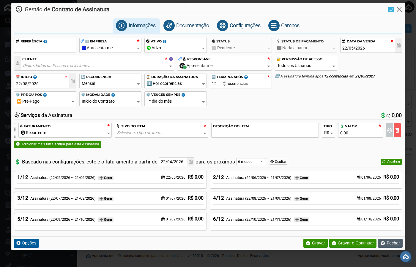 Formulário de cadastro de contrato de assinatura