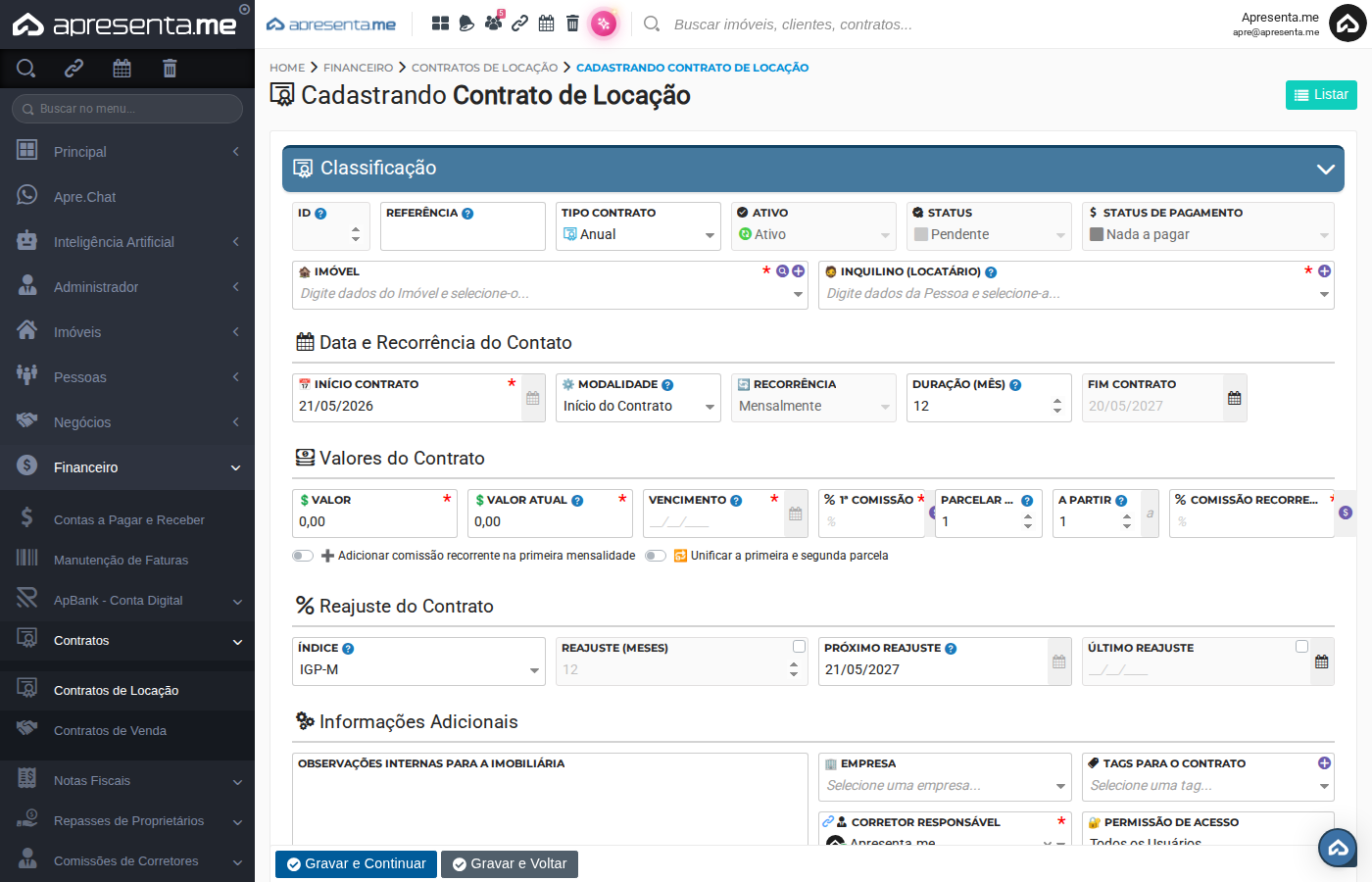 Listagem com o contrato recém-cadastrado