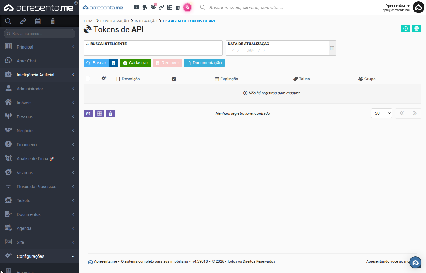 Tela de listagem de tokens de API