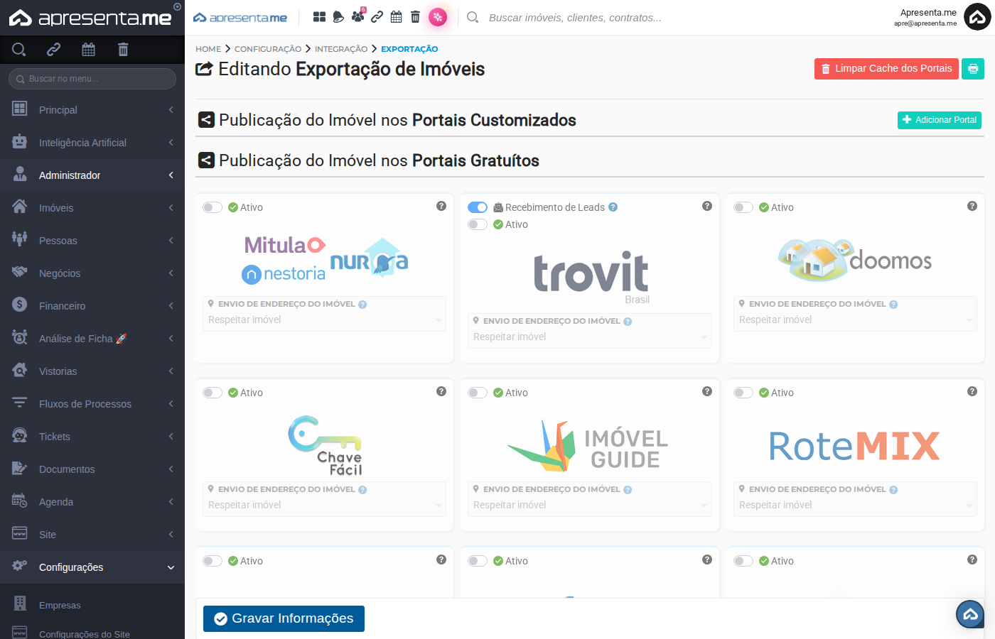 Tela inicial de Exportação de Imóveis