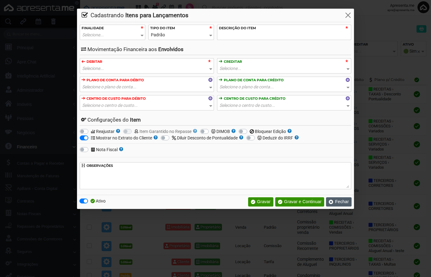 Configurações adicionais do formulário de item para lançamento
