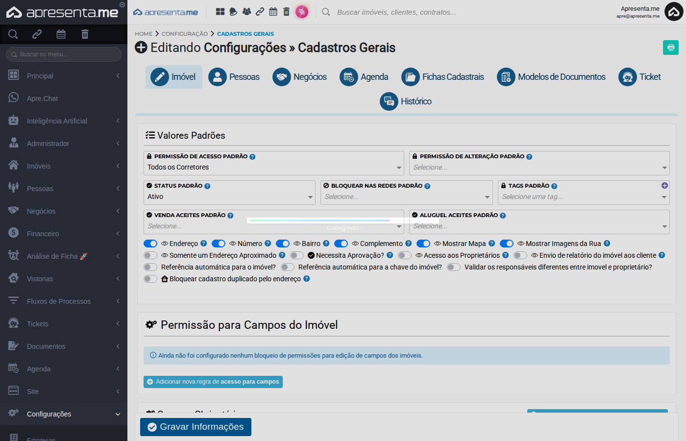 Configurações salvas na listagem