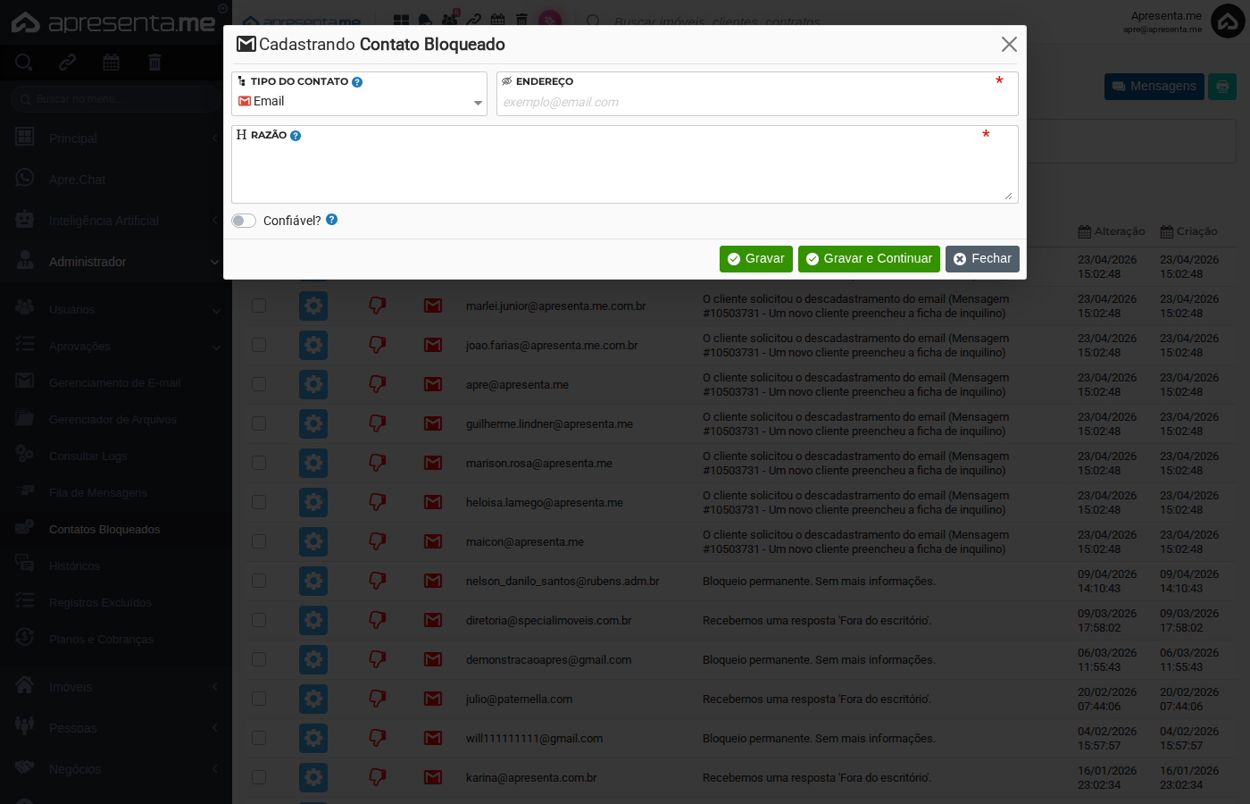 Formulário de cadastro de contato bloqueado