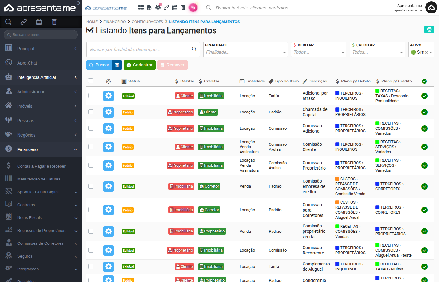 Tela de listagem de itens para lançamentos