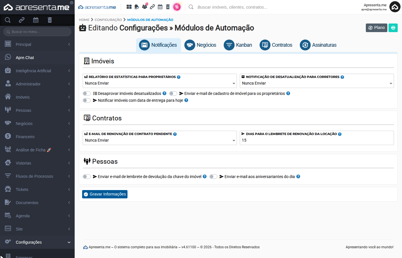 Listagem final de automações configuradas