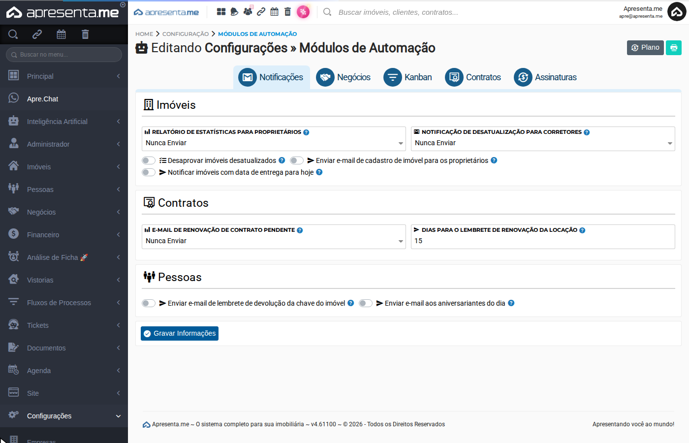 Tela inicial do módulo de automações
