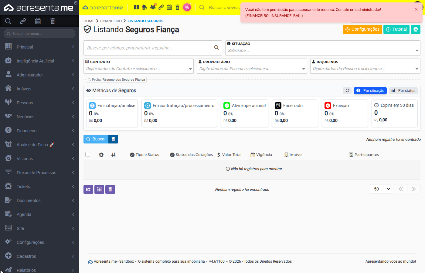 Tela de listagem dos seguros fiança