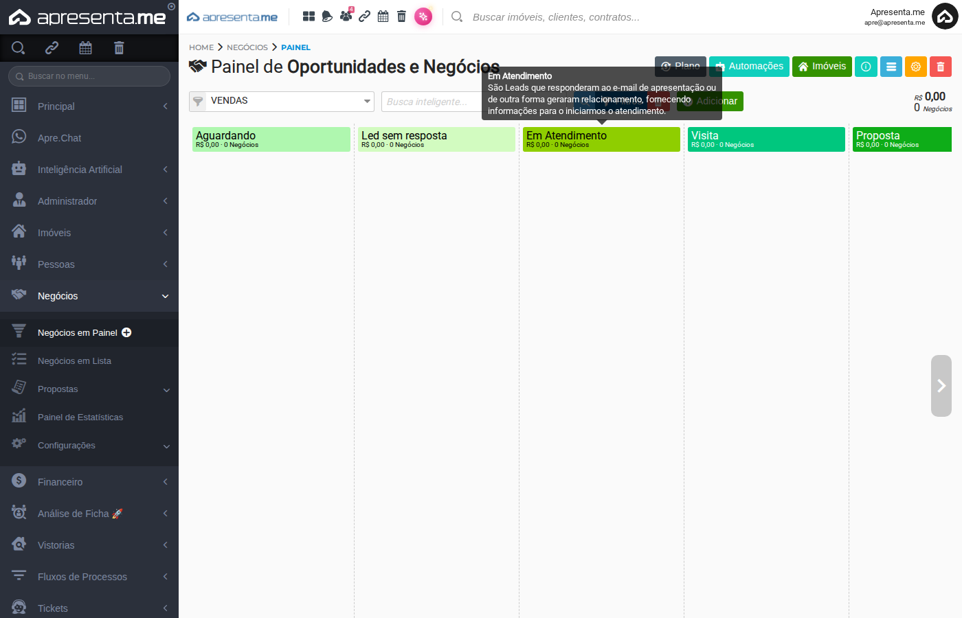 Painel Kanban com negócio cadastrado