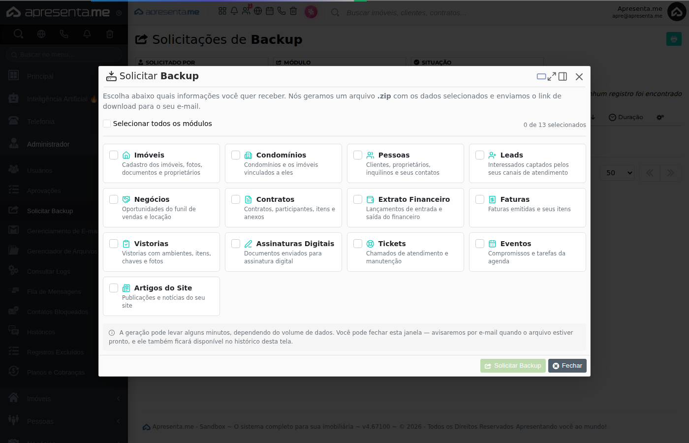 Seleção de módulos no formulário de backup