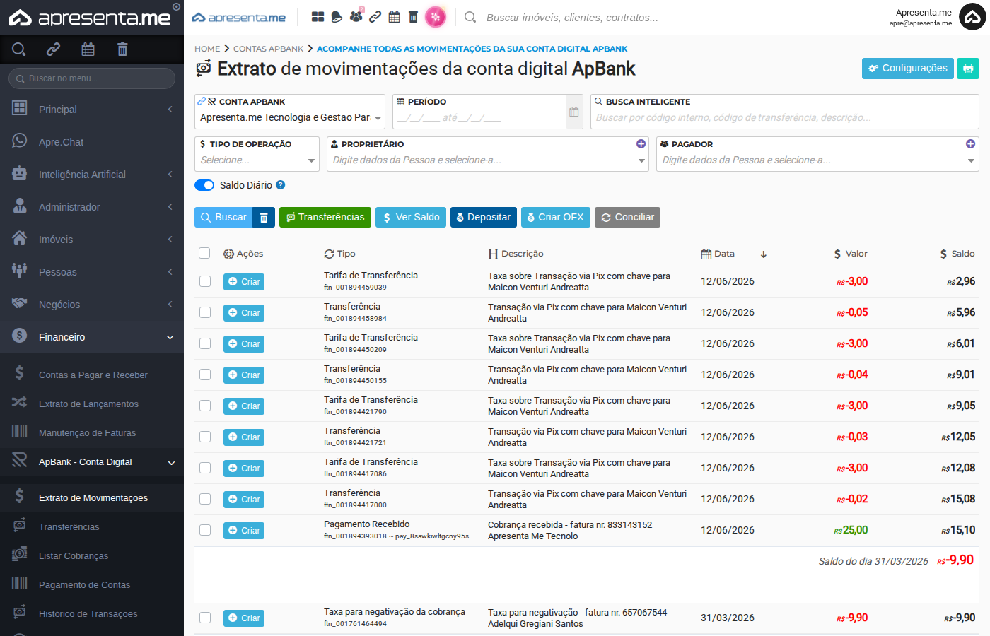 Tela inicial do Extrato de Movimentações ApBank