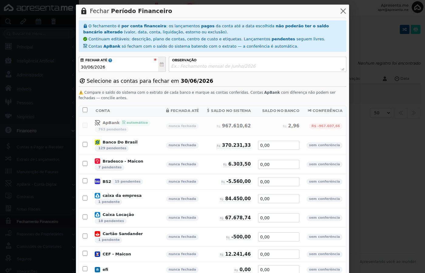 Formulário de fechamento de período
