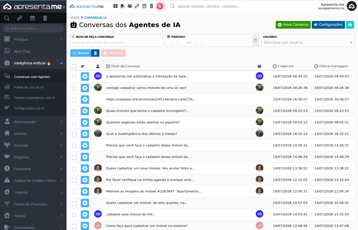 Tela de conversas com os agentes de IA