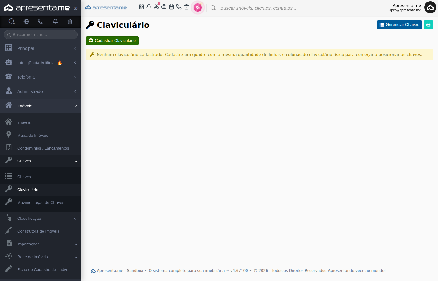 Listagem com claviculário cadastrado