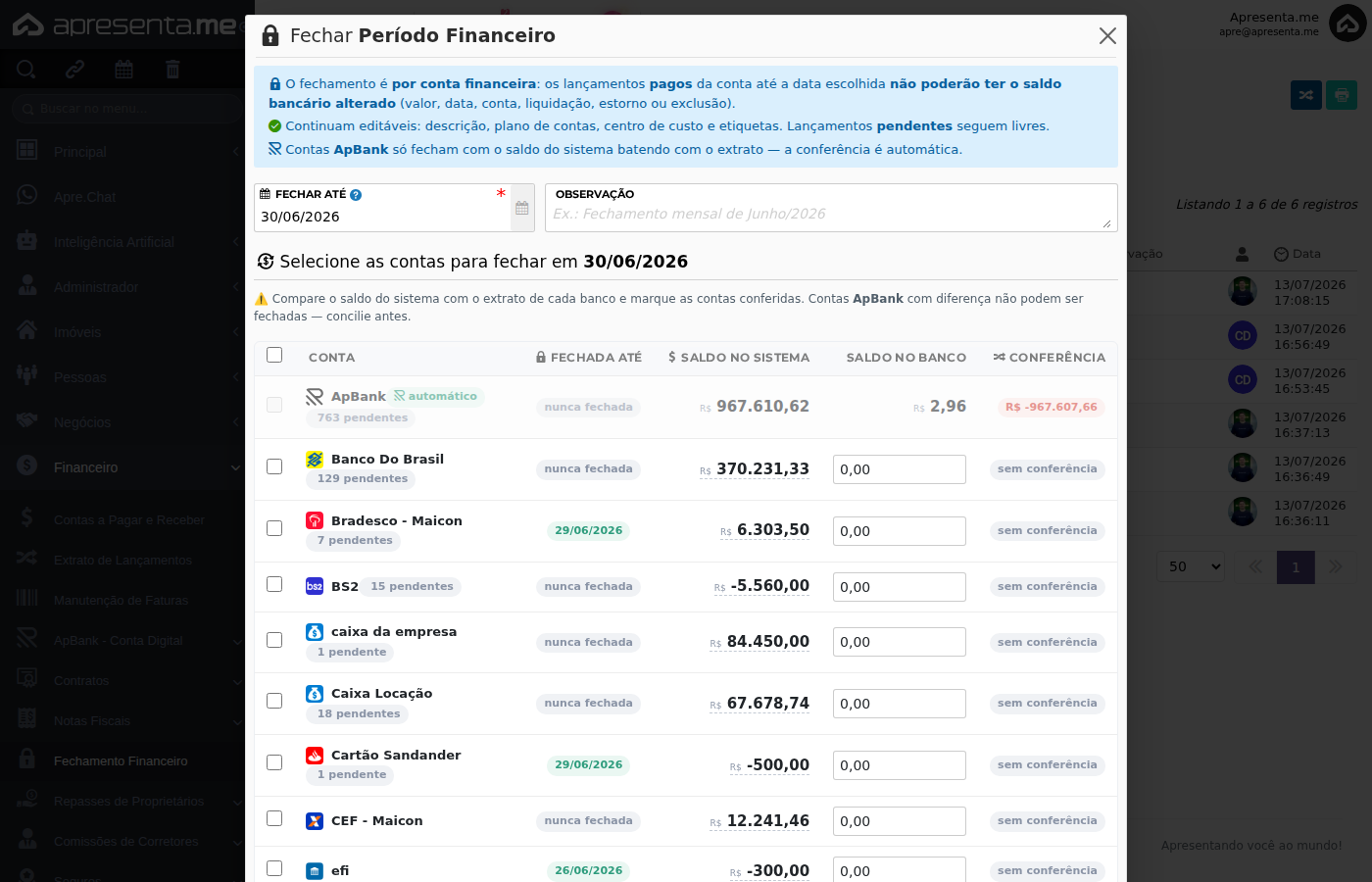 Formulário de fechamento de período