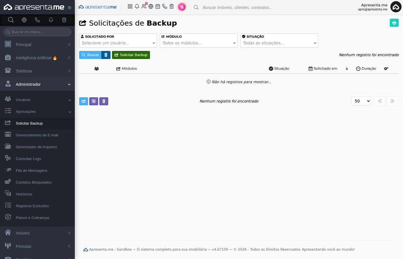 Listagem de solicitações de backup após o registro