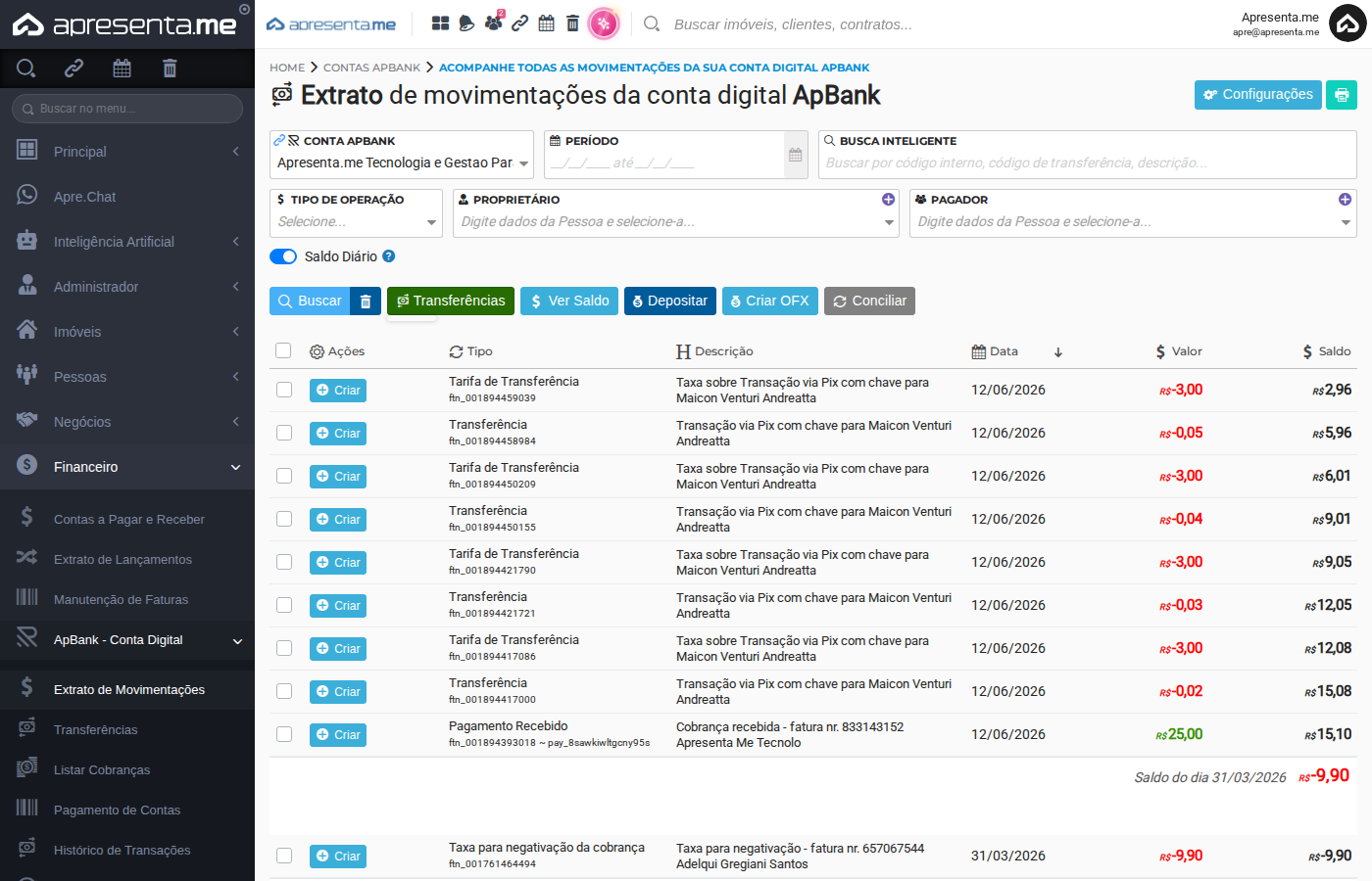 Conciliação de movimentações do extrato ApBank