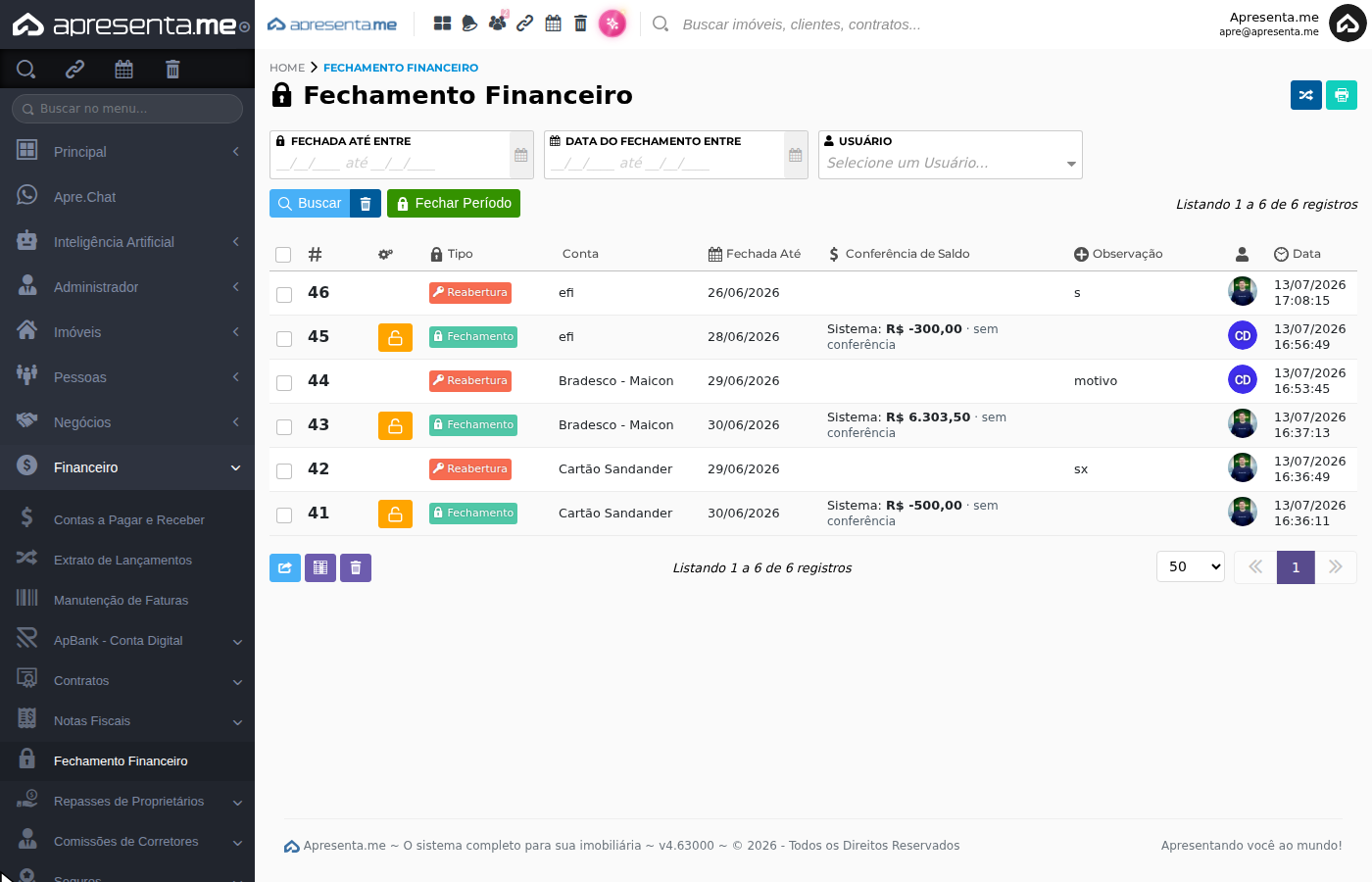 Tela de listagem do Fechamento Financeiro