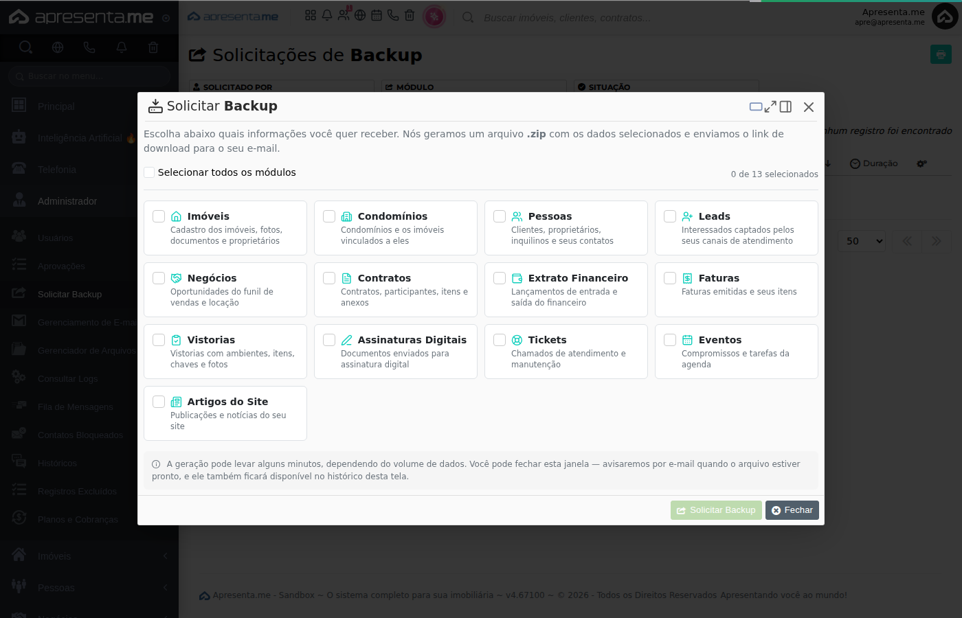 Formulário de solicitação de backup