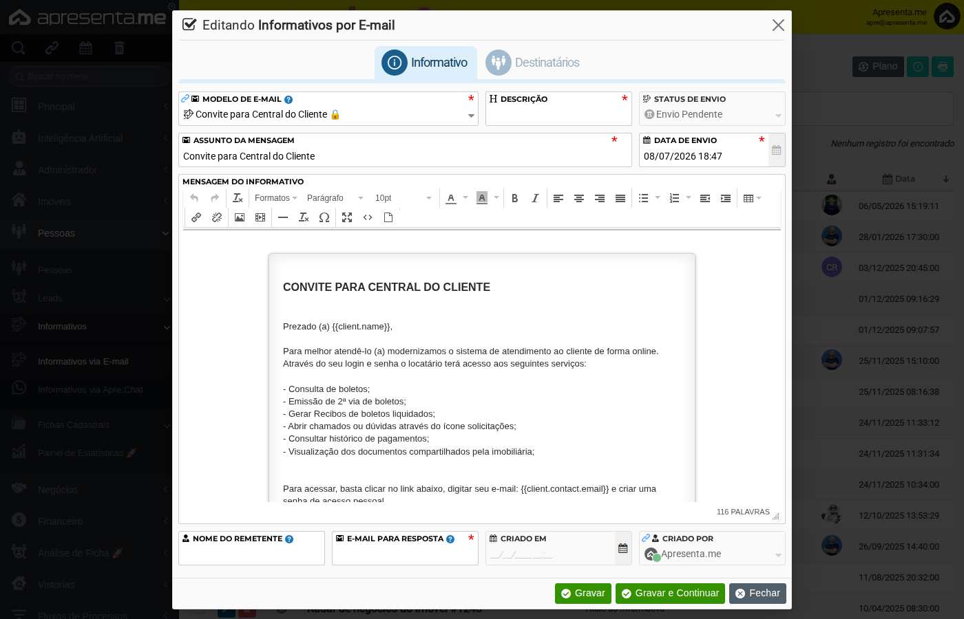 Formulário de cadastro de informativo via Apre.Chat