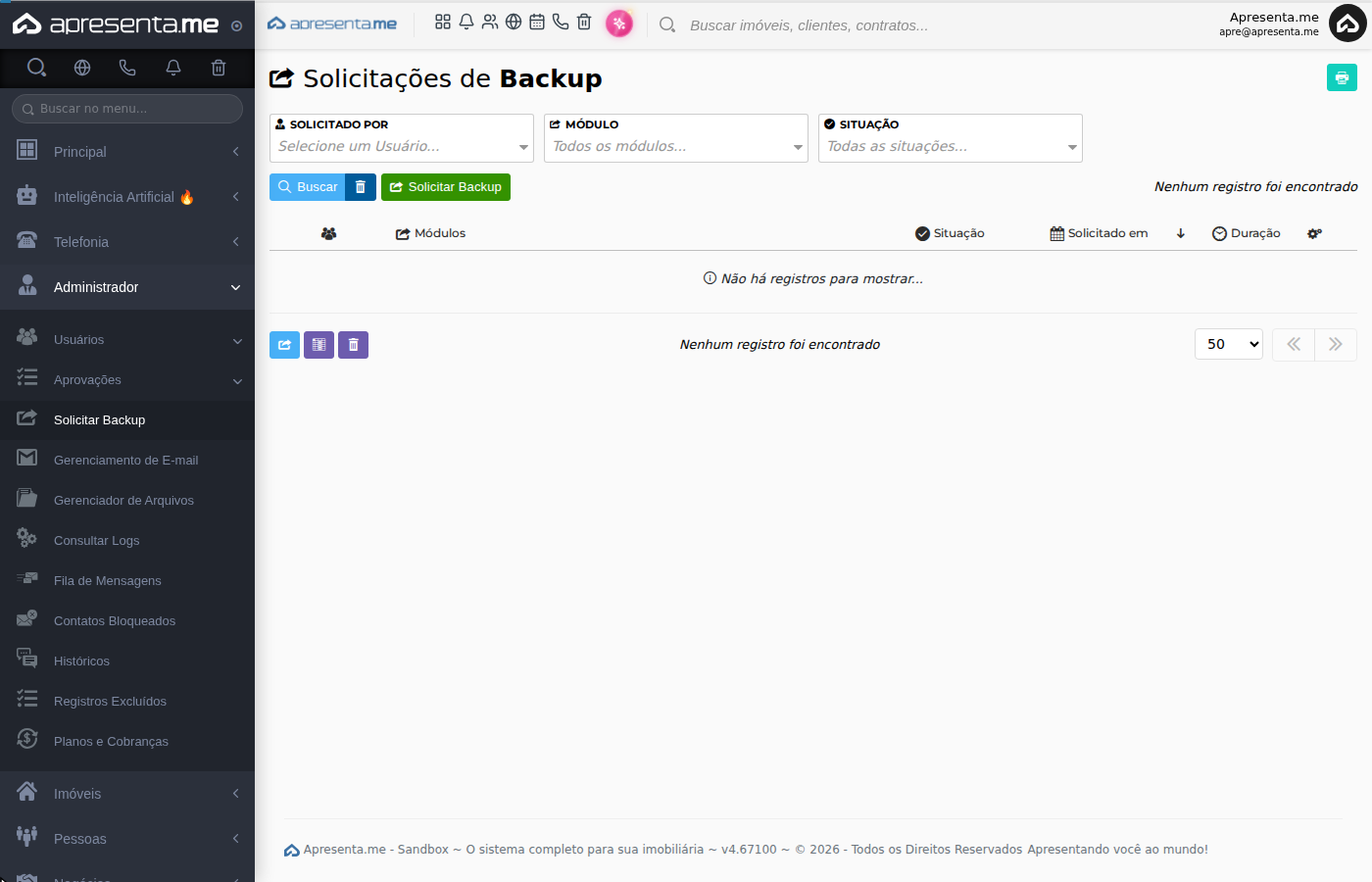 Tela inicial de solicitações de backup
