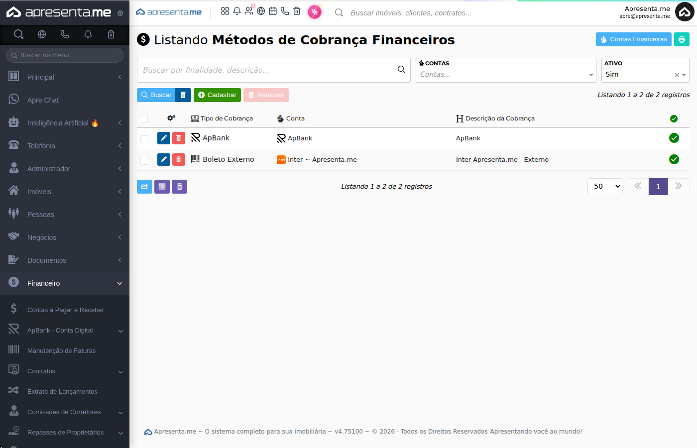 Tela de listagem dos métodos de cobrança