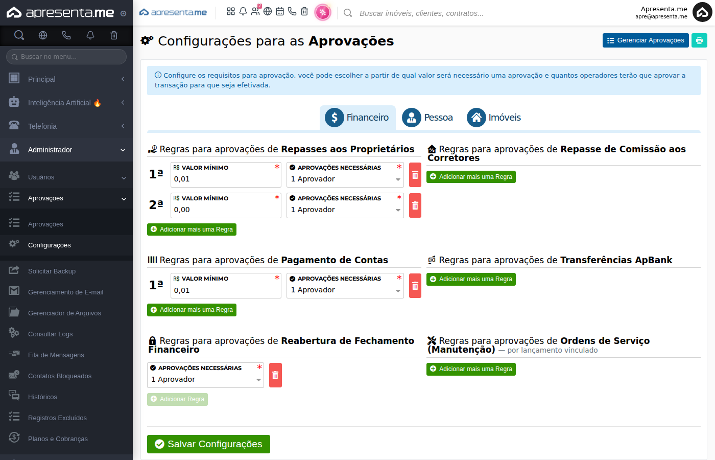 Listagem completa dos tipos de aprovação configuráveis