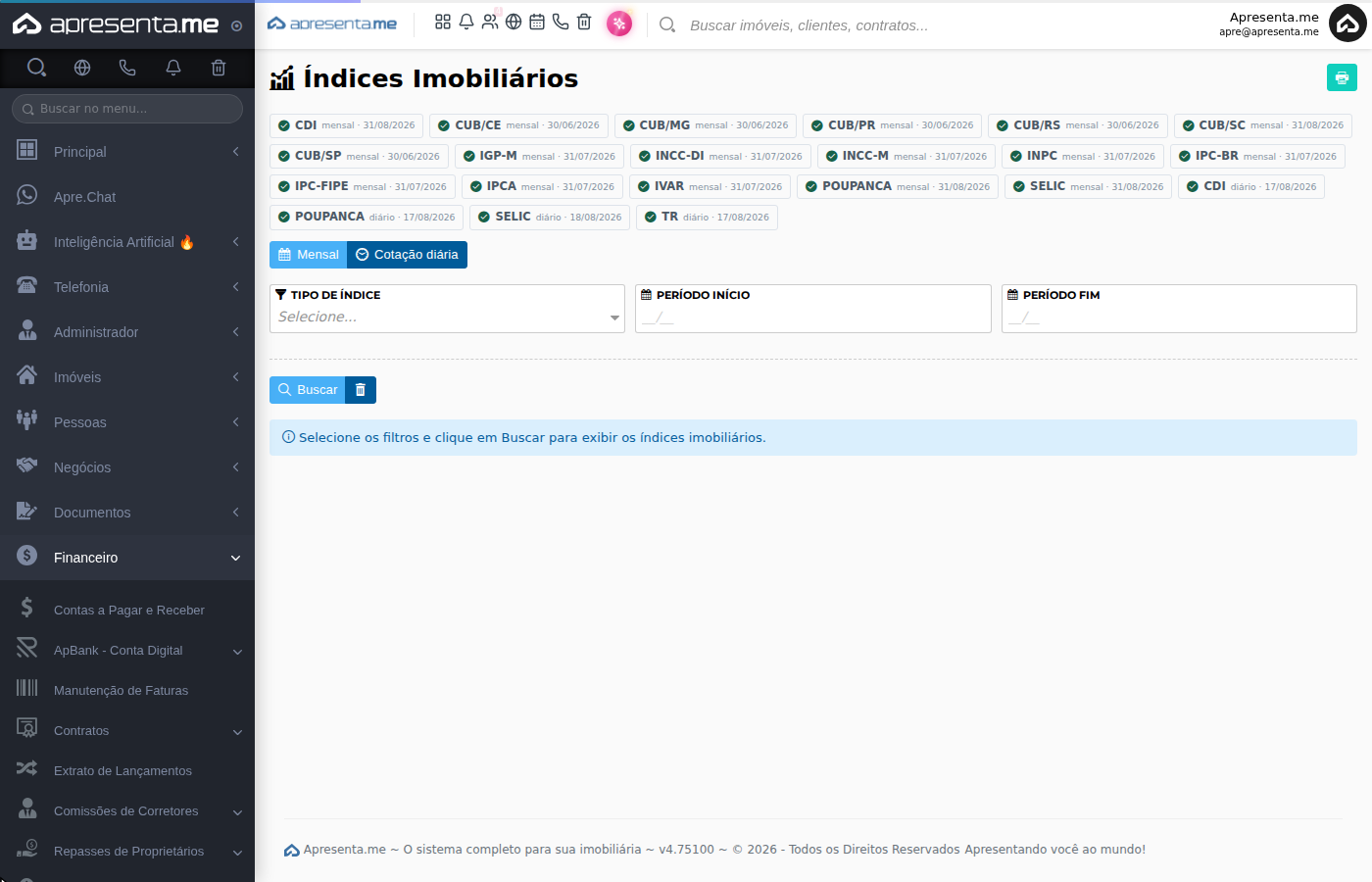 Tela inicial de Índices Imobiliários