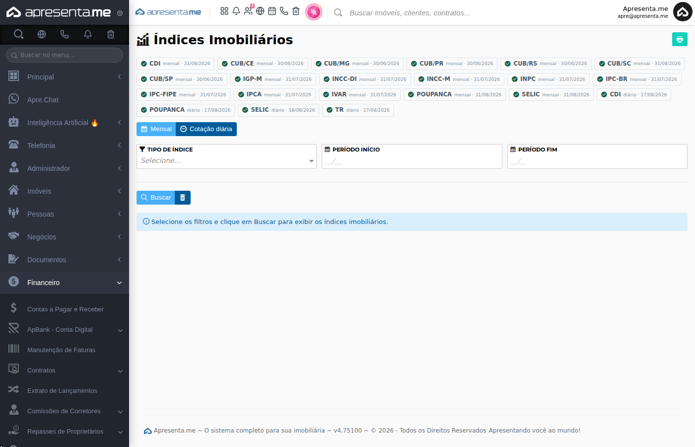 Listagem de índices após aplicar filtros