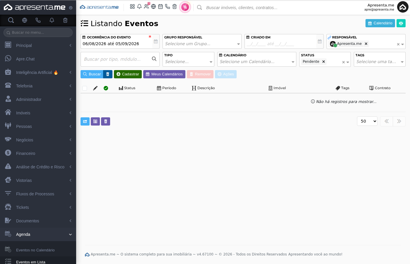 Listagem após o cadastro de evento