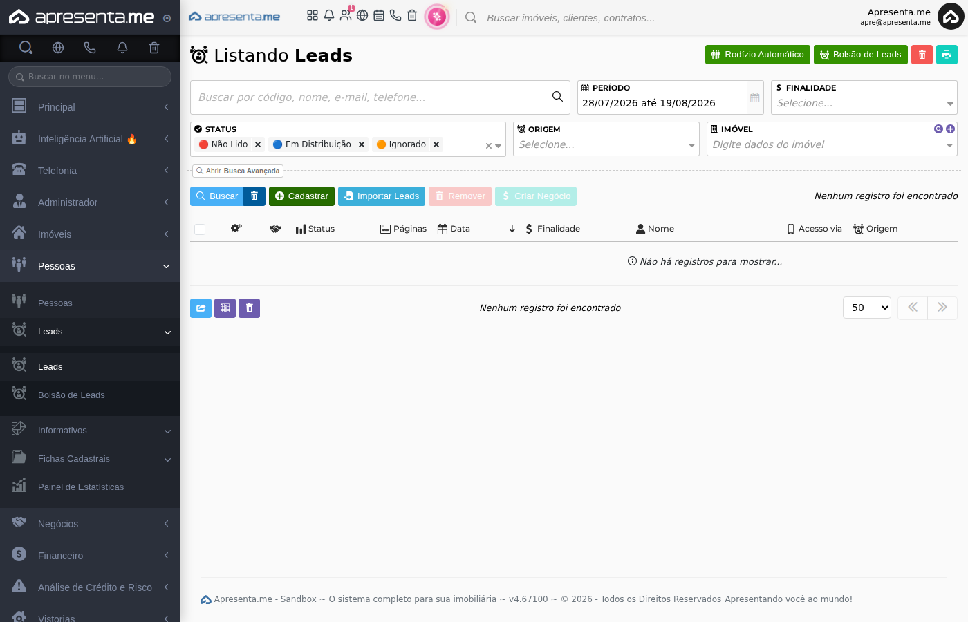 Listagem de leads após o cadastro