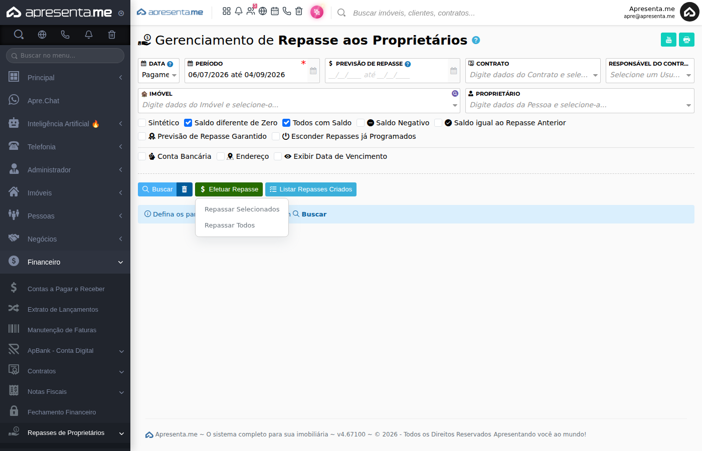 Listagem de saldos por proprietário e imóvel