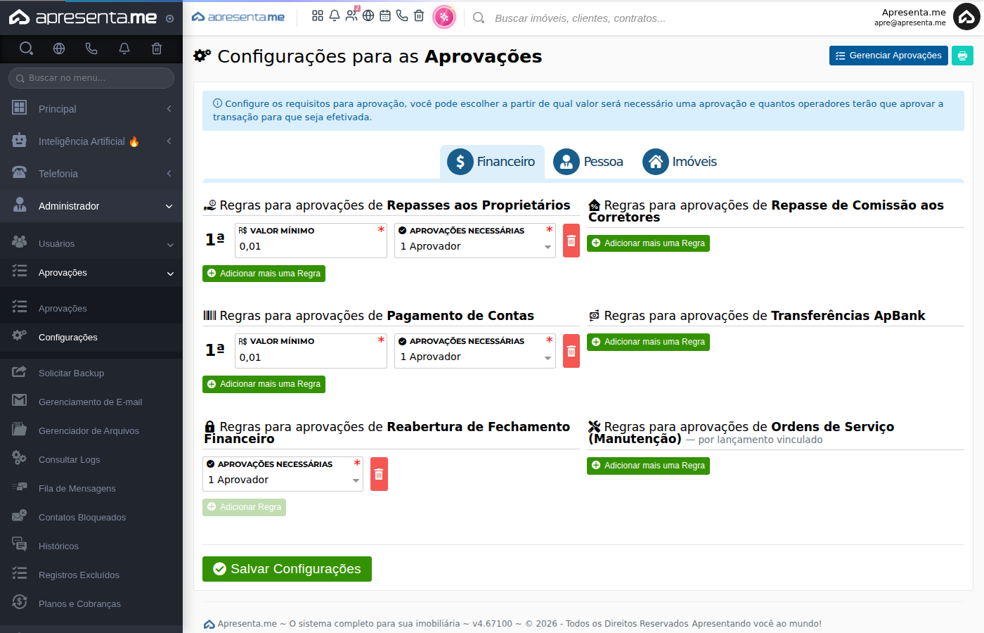 Tela inicial de configurações de aprovações