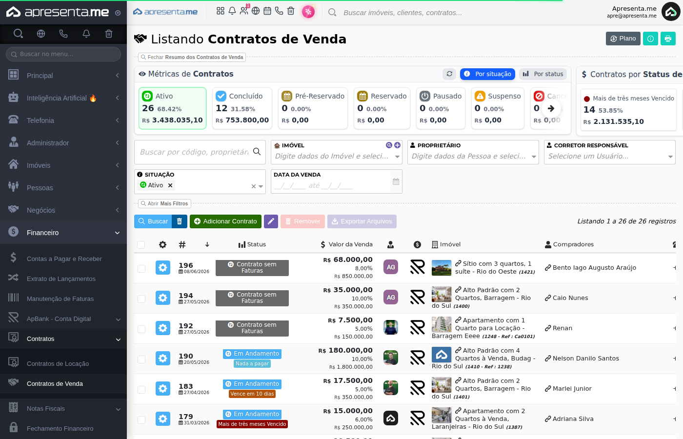 Listagem de contratos após criação do aditivo