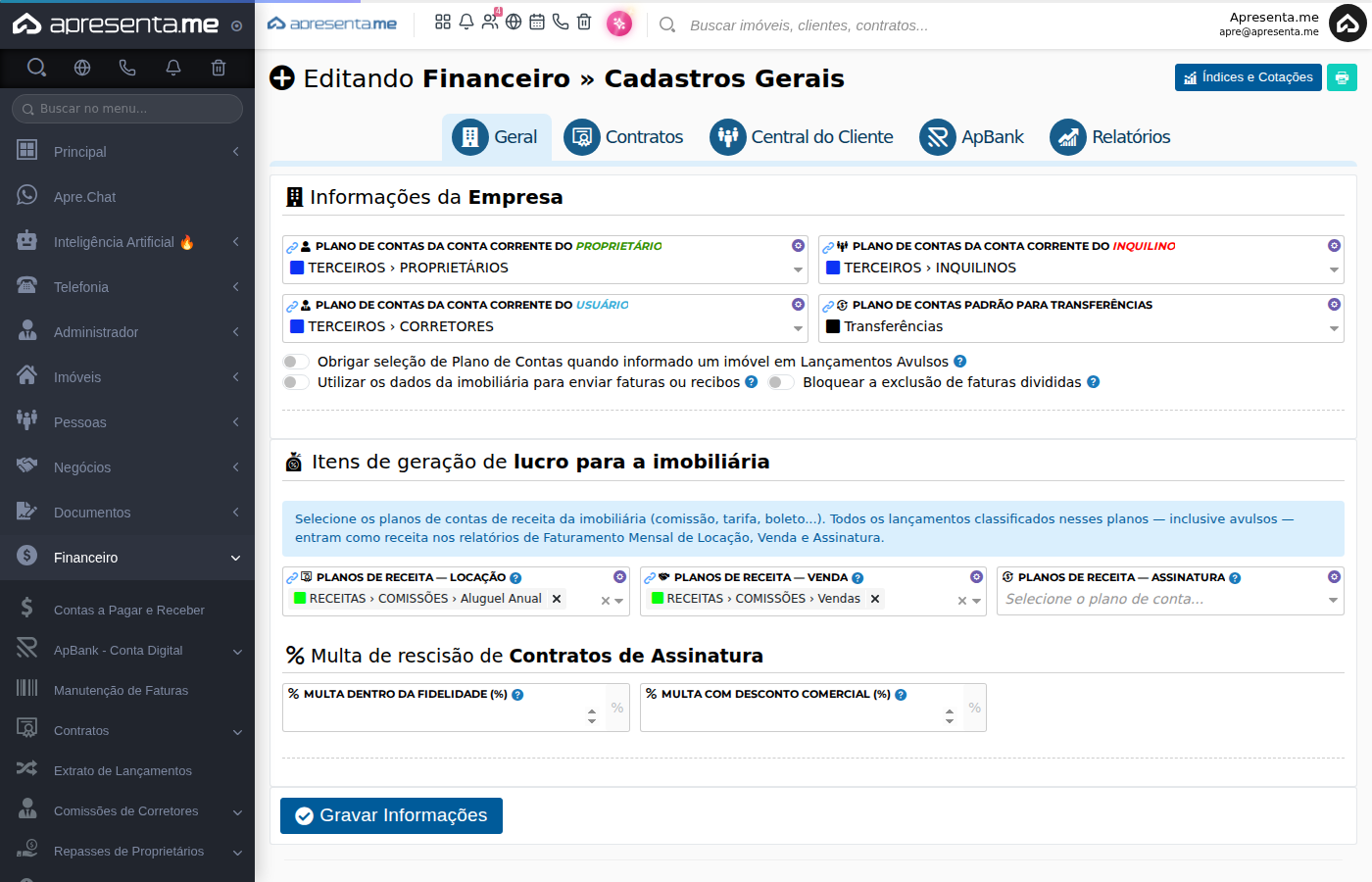 Aba Contratos das configurações gerais do financeiro