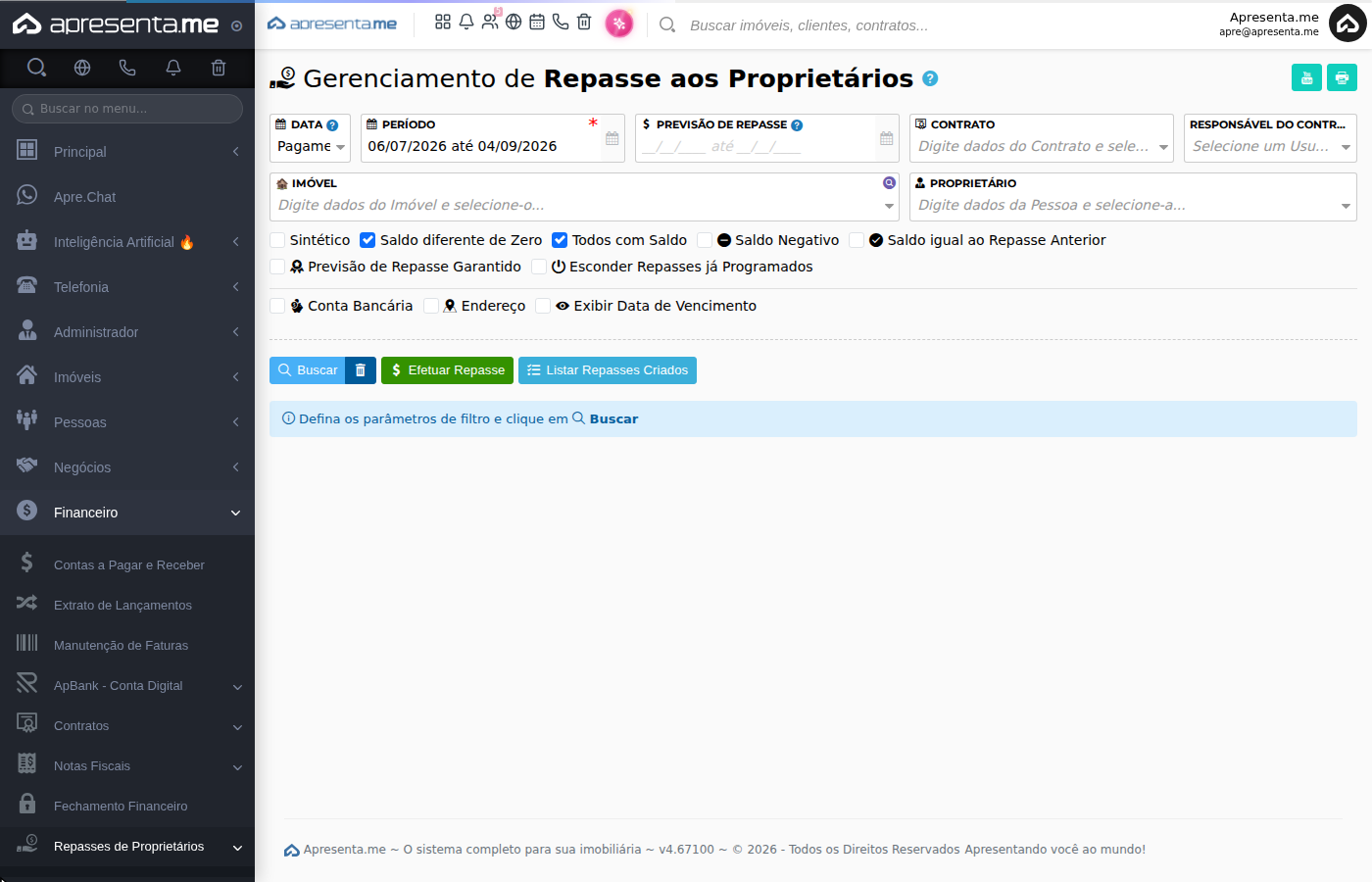 Tela inicial de Efetuar Repasse com filtros