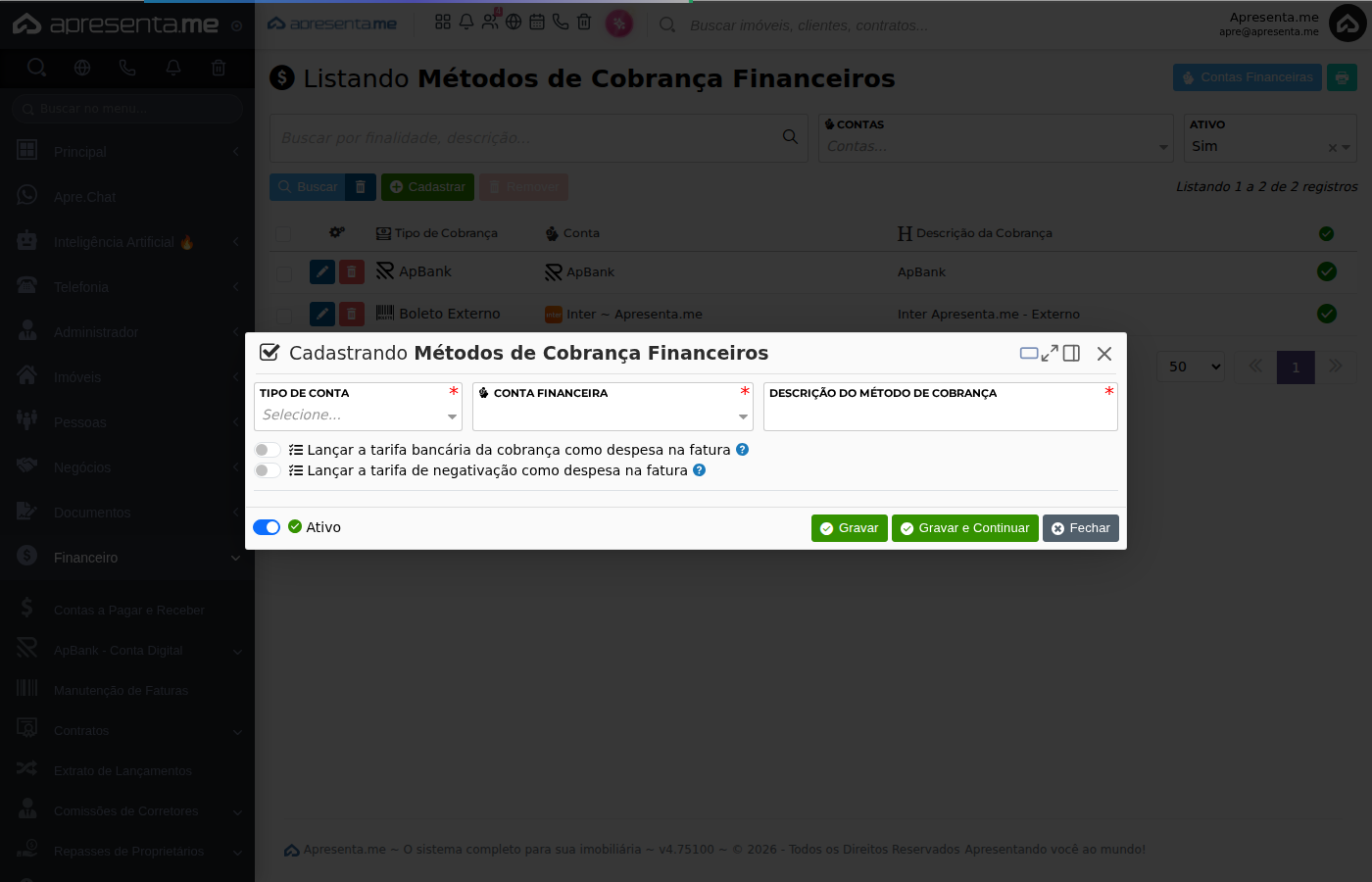 Formulário de cadastro de método de cobrança